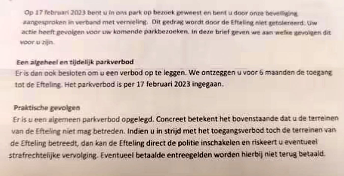 Brutale Efteling-bezoeker biedt brief over parkverbod aan op Marktplaats