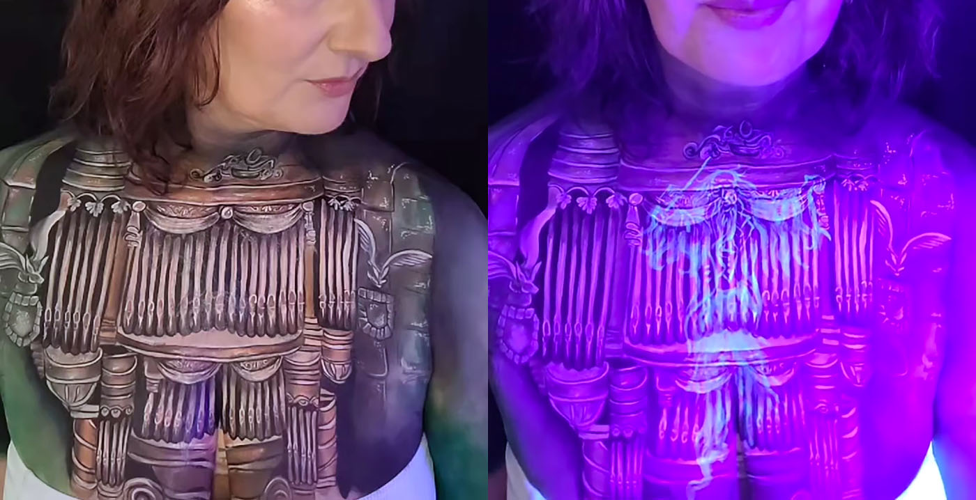 Bijzondere bodypaint gebaseerd op Efteling-attractie Danse Macabre: dirigent verschijnt bij blacklight