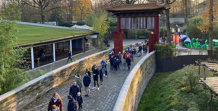 Bezoekers Ouwehands Dierenpark staan in de rij om pandajong te zien